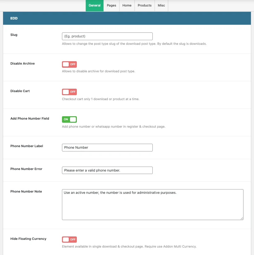 EDD Dashboard Settings