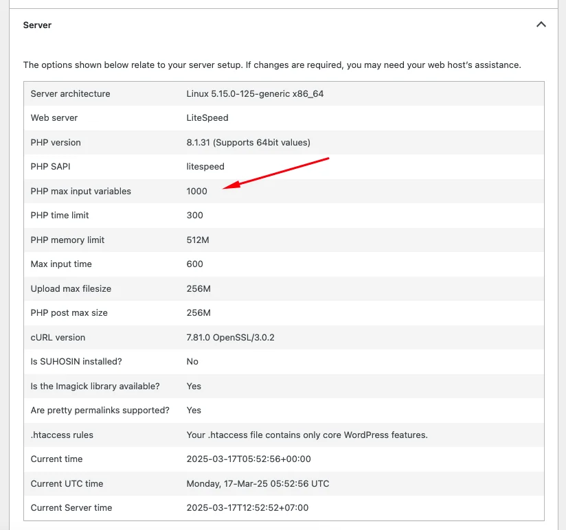 Site Health PHP max input variables
