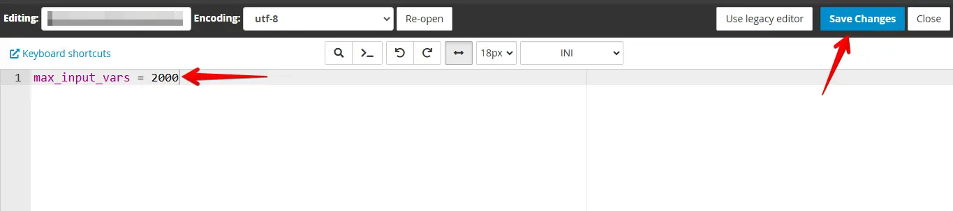add code max_input_vars in php.ini File
